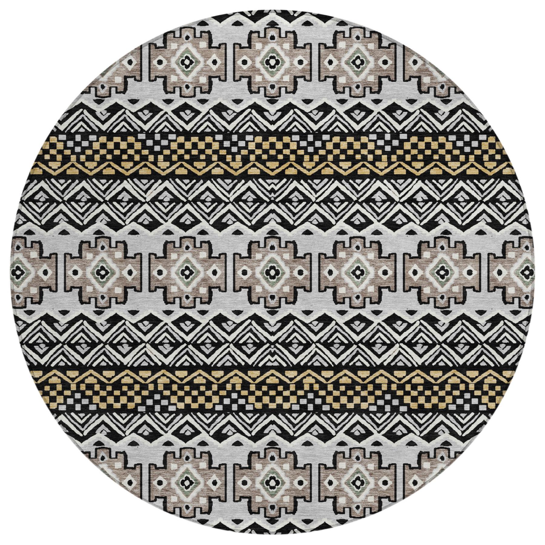 8' Black And Gray Round Striped Washable Indoor Outdoor Area Rug - Sports & Outdoor