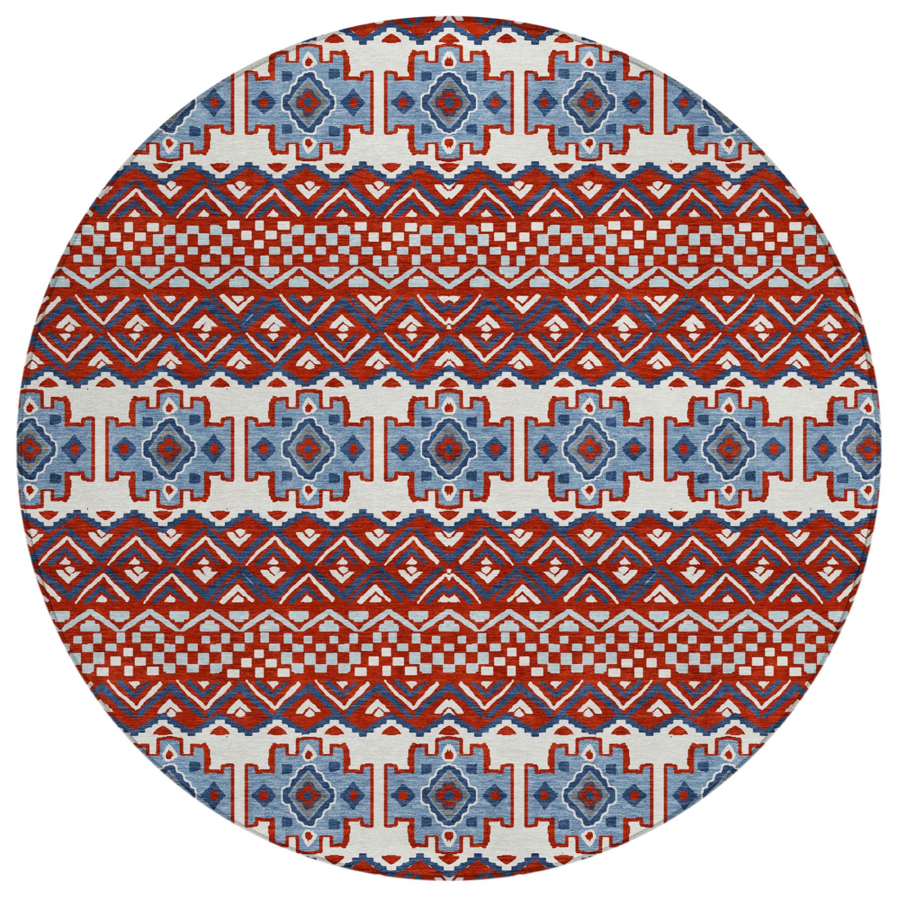 8' Red And Ivory Round Striped Washable Indoor Outdoor Area Rug - Sports & Outdoor
