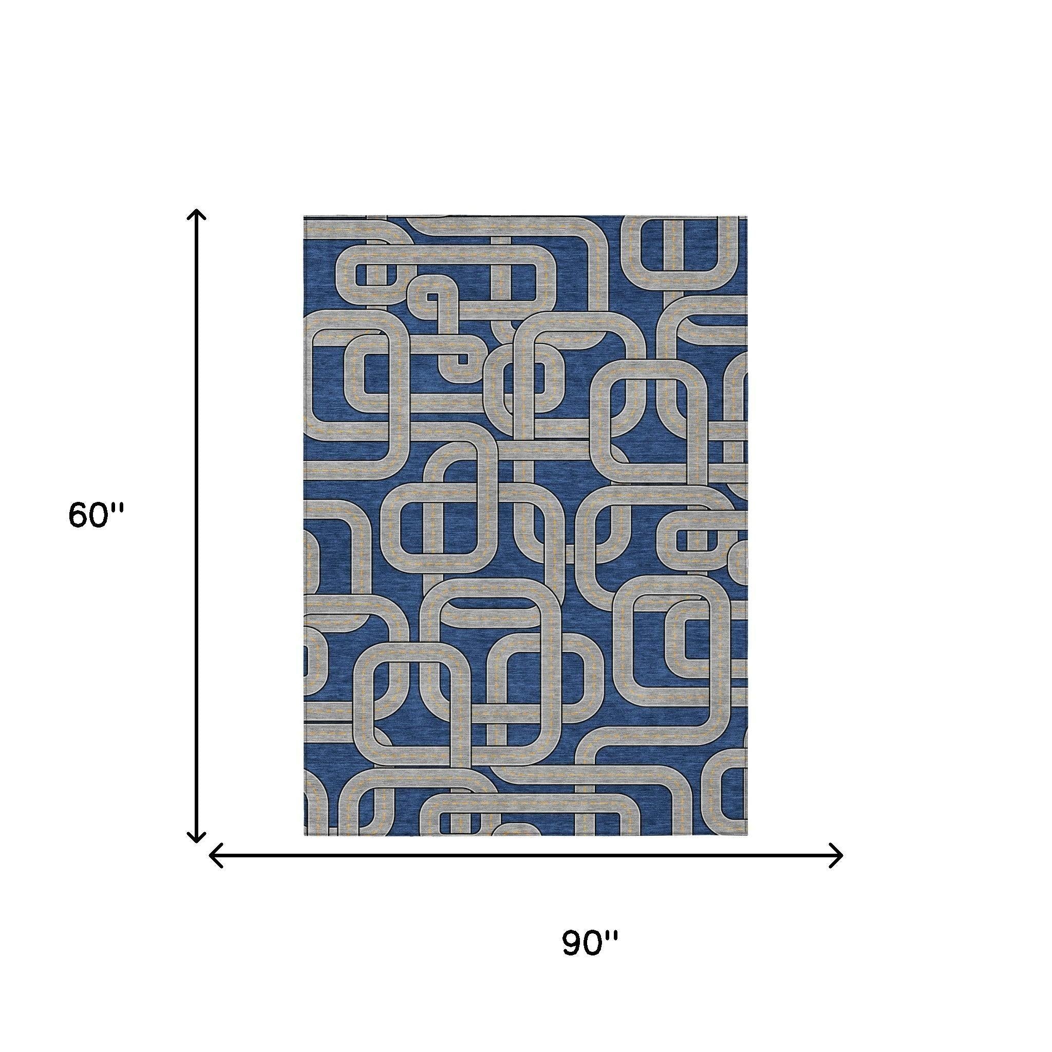 5' X 8' Blue And Gray Geometric Washable Indoor Outdoor Area Rug - Sports & Outdoor