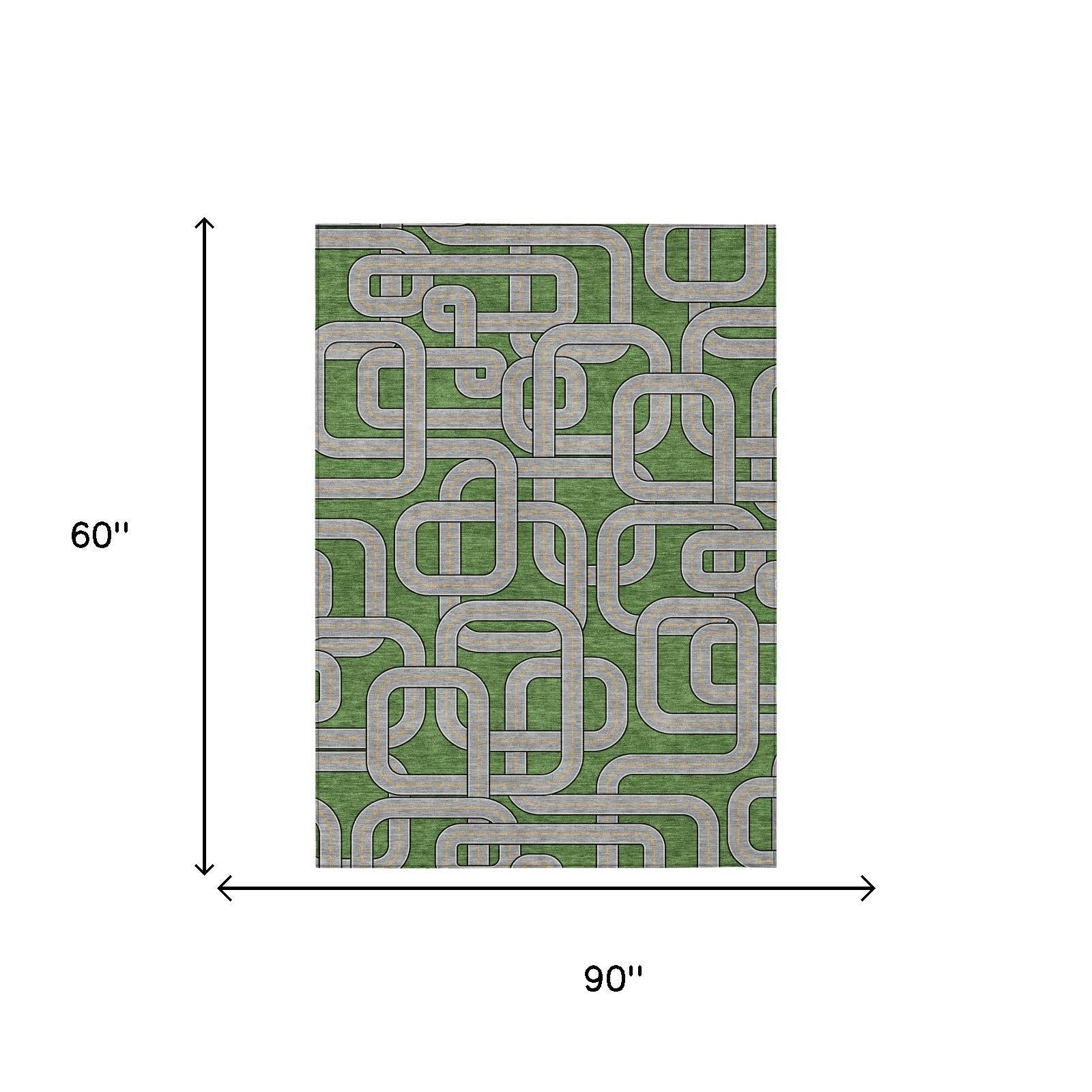 5' X 8' Green And Pewter Geometric Washable Indoor Outdoor Area Rug - Sports & Outdoor