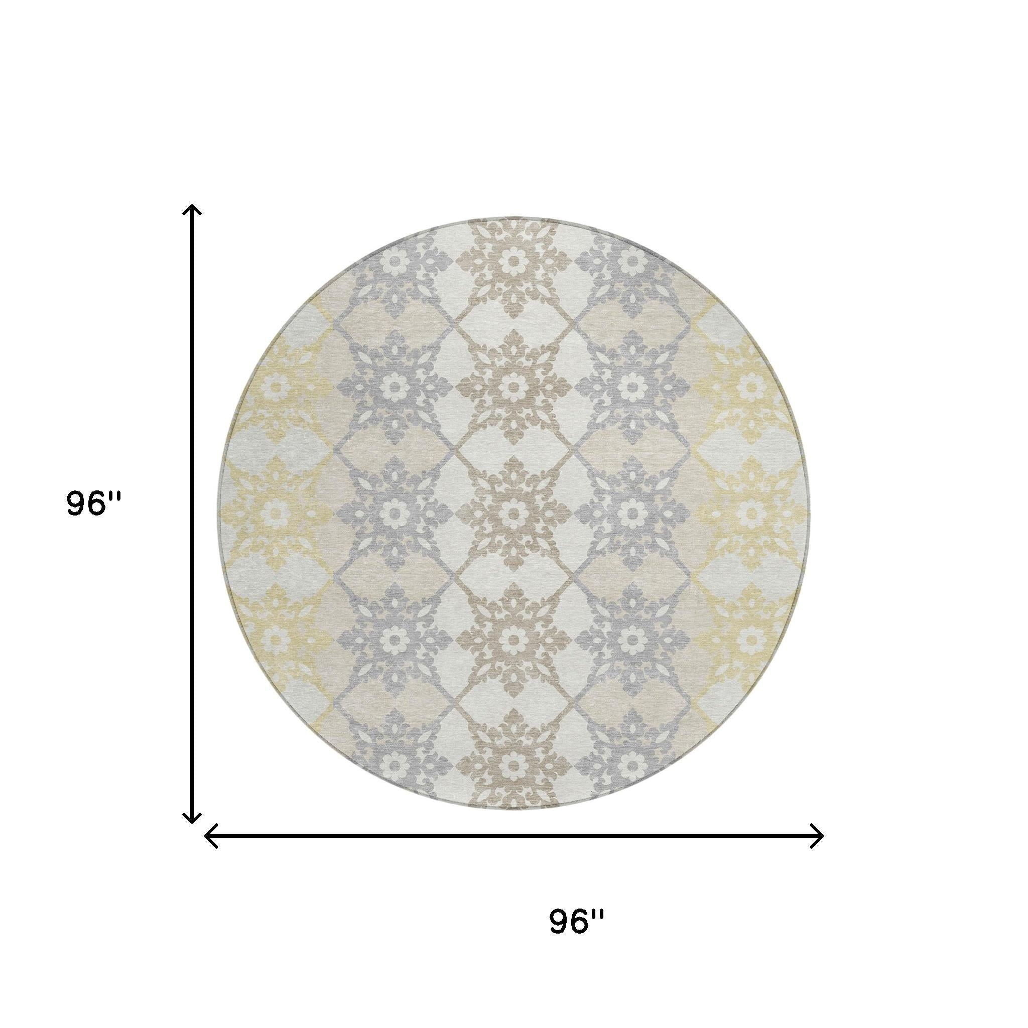 8' Ivory And Silver Round Floral Medallion Washable Indoor Outdoor Area Rug - Sports & Outdoor