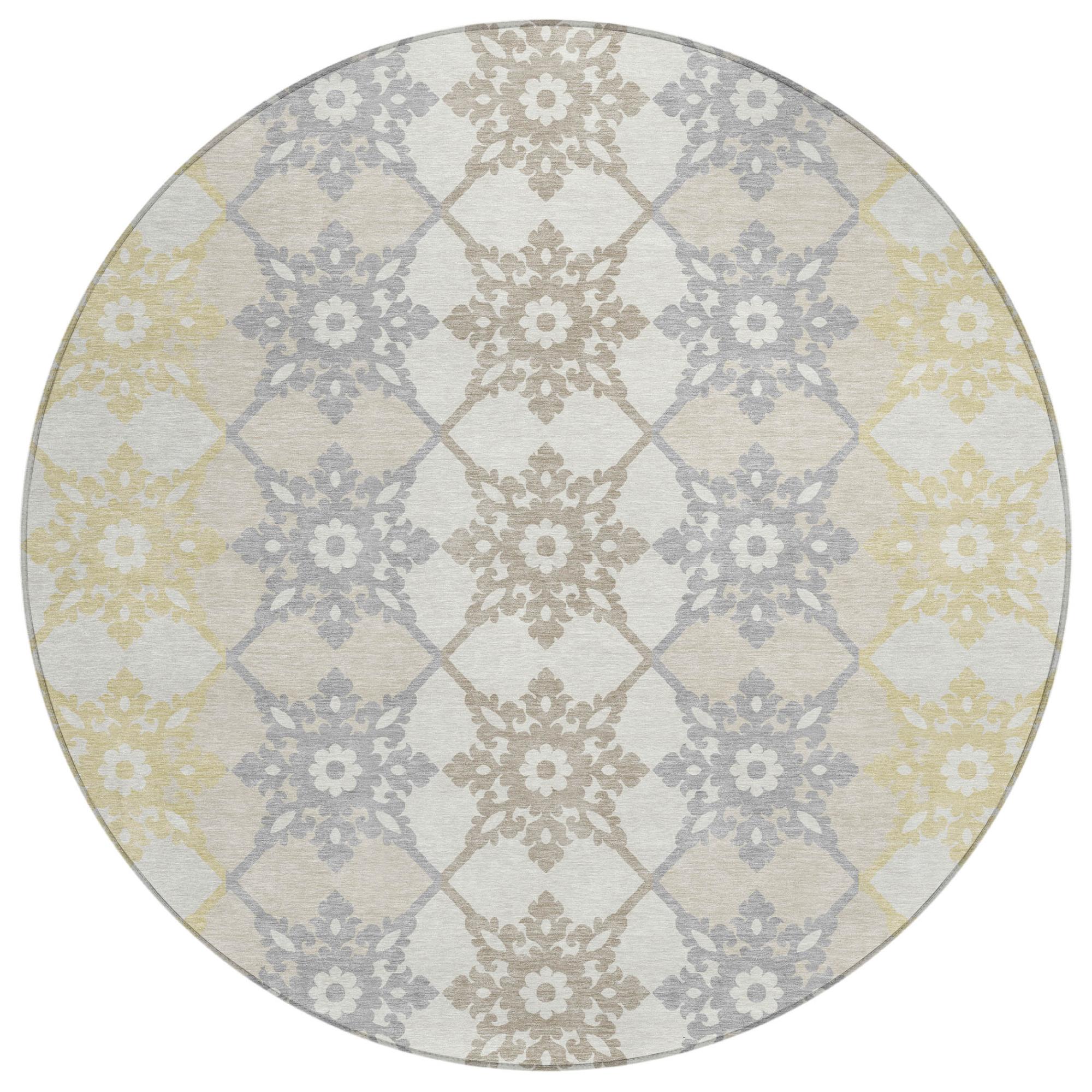 8' Ivory And Silver Round Floral Medallion Washable Indoor Outdoor Area Rug - Sports & Outdoor