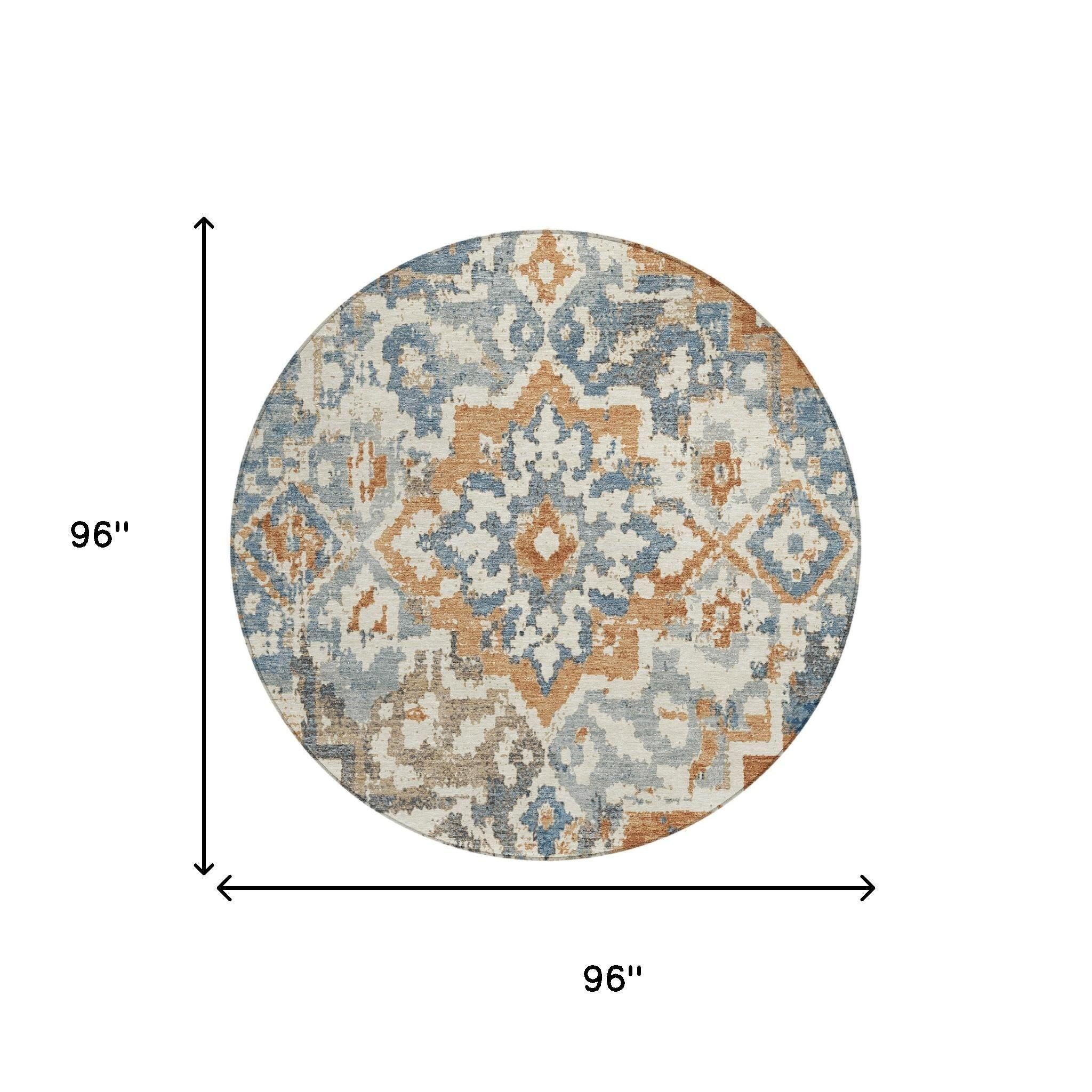 8' Cream And Ivory Round Medallion Washable Indoor Outdoor Area Rug - Sports & Outdoor
