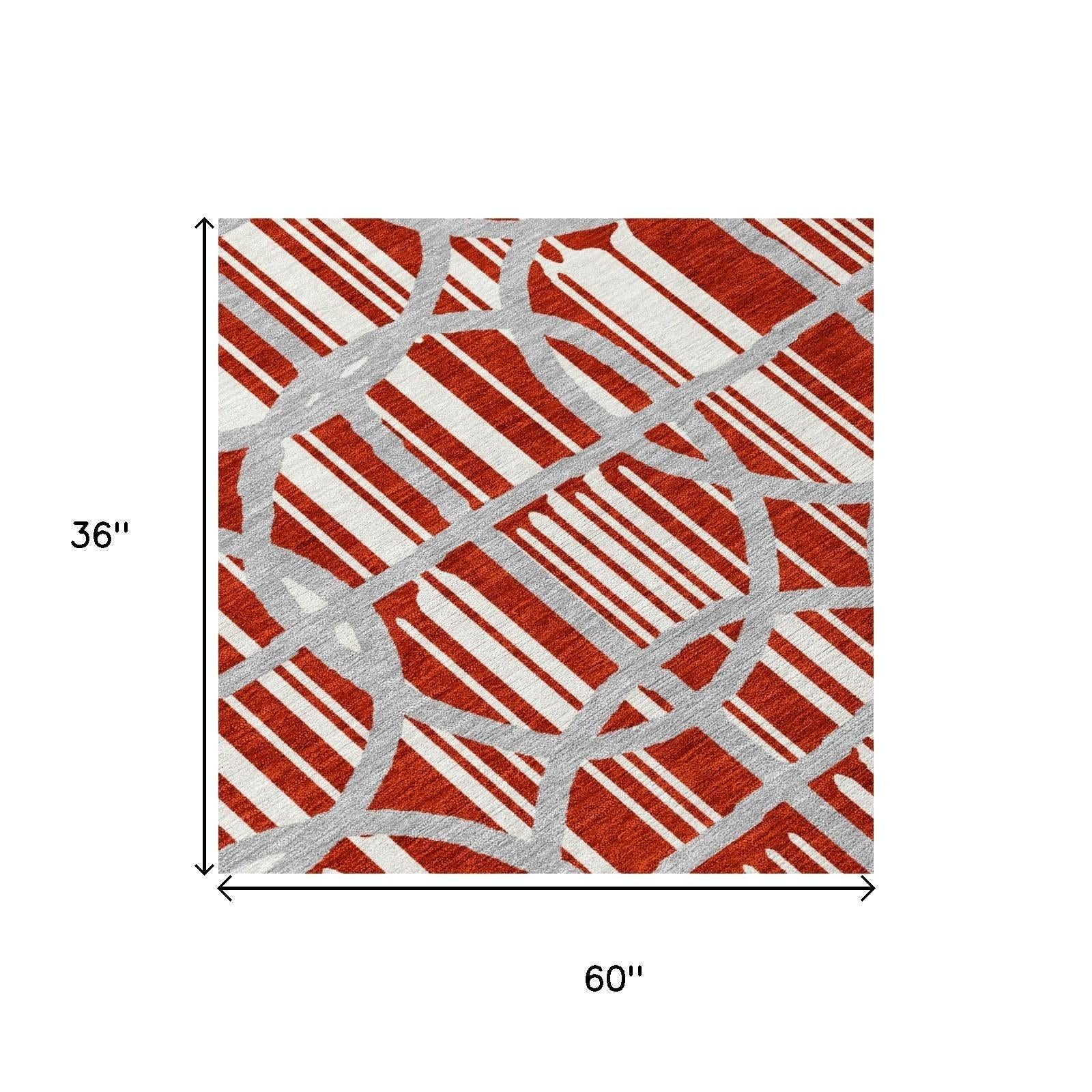 3' X 5' Red And Ivory Geometric Washable Indoor Outdoor Area Rug - Sports & Outdoor