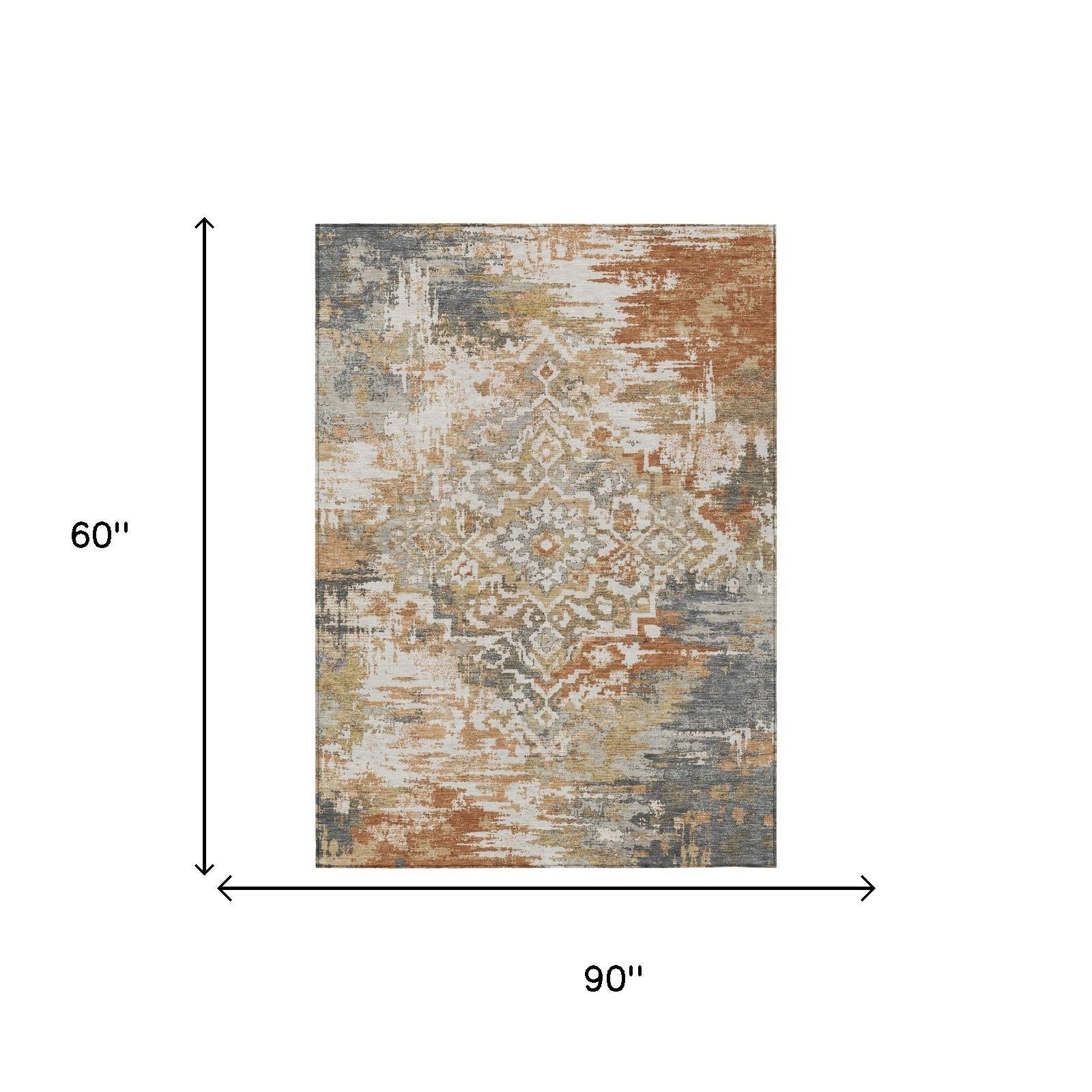 5' X 8' Copper And Orange Medallion Washable Indoor Outdoor Area Rug - Sports & Outdoor