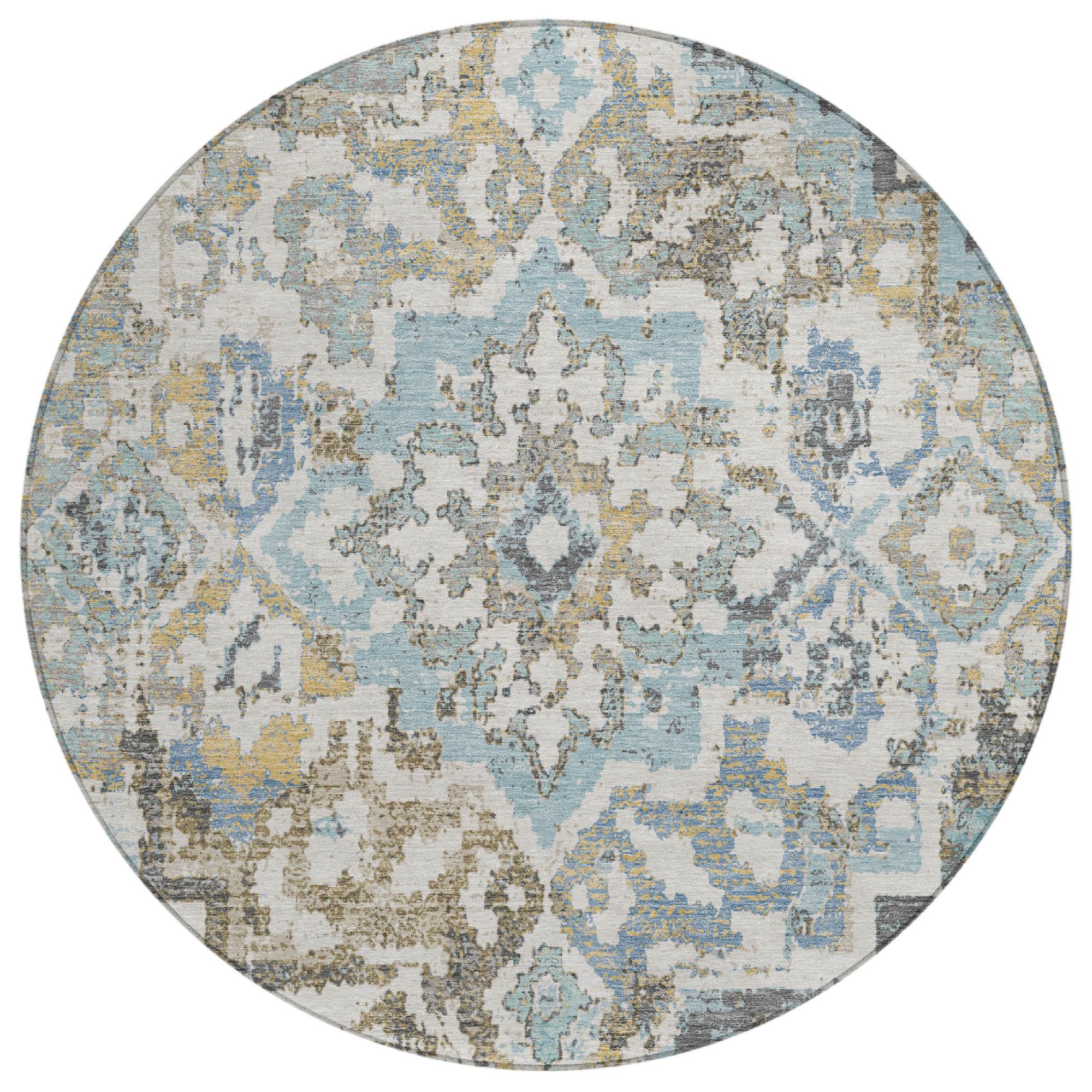 8' Teal Blue And Pewter Round Medallion Washable Indoor Outdoor Area Rug - Sports & Outdoor