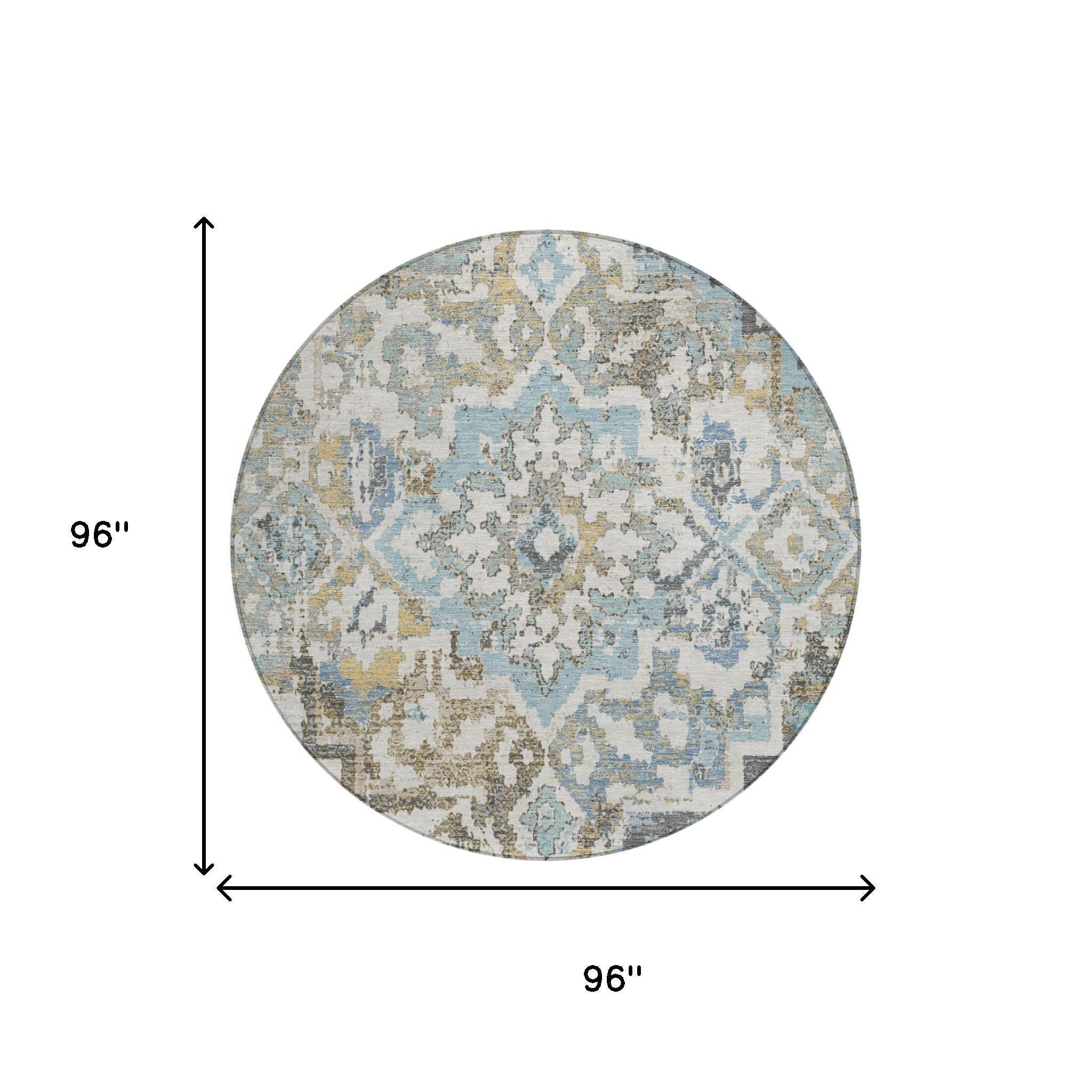 8' Teal Blue And Pewter Round Medallion Washable Indoor Outdoor Area Rug - Sports & Outdoor