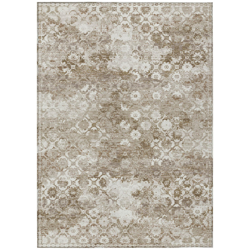 Beige and brown floral medallion area rug with distressed ornamental pattern