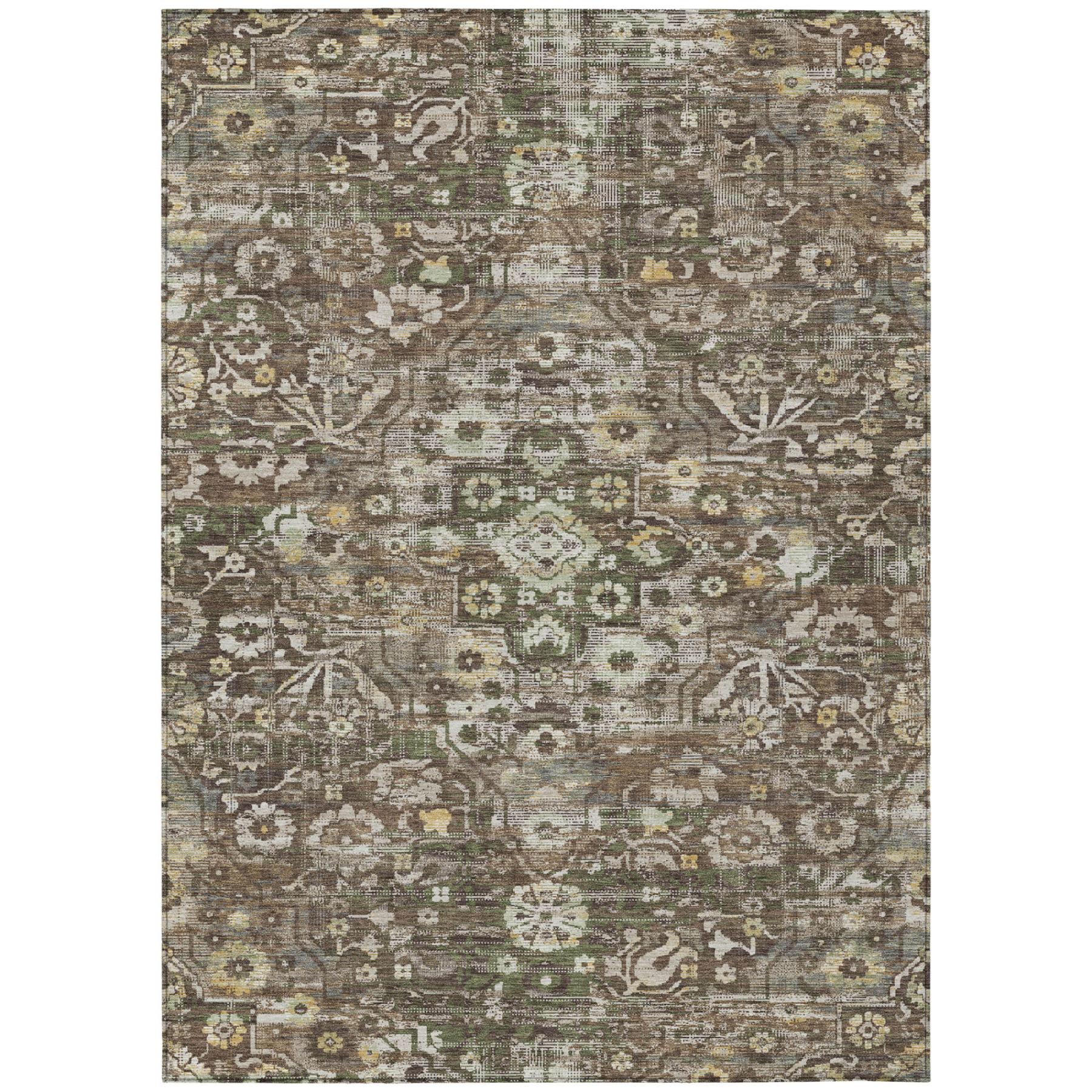 Brown and chocolate floral medallion area rug with distressed beige pattern