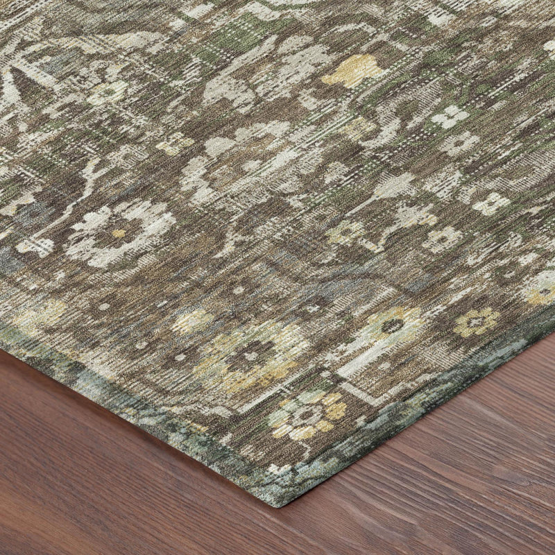 Brown and beige medallion area rug corner with flat woven texture