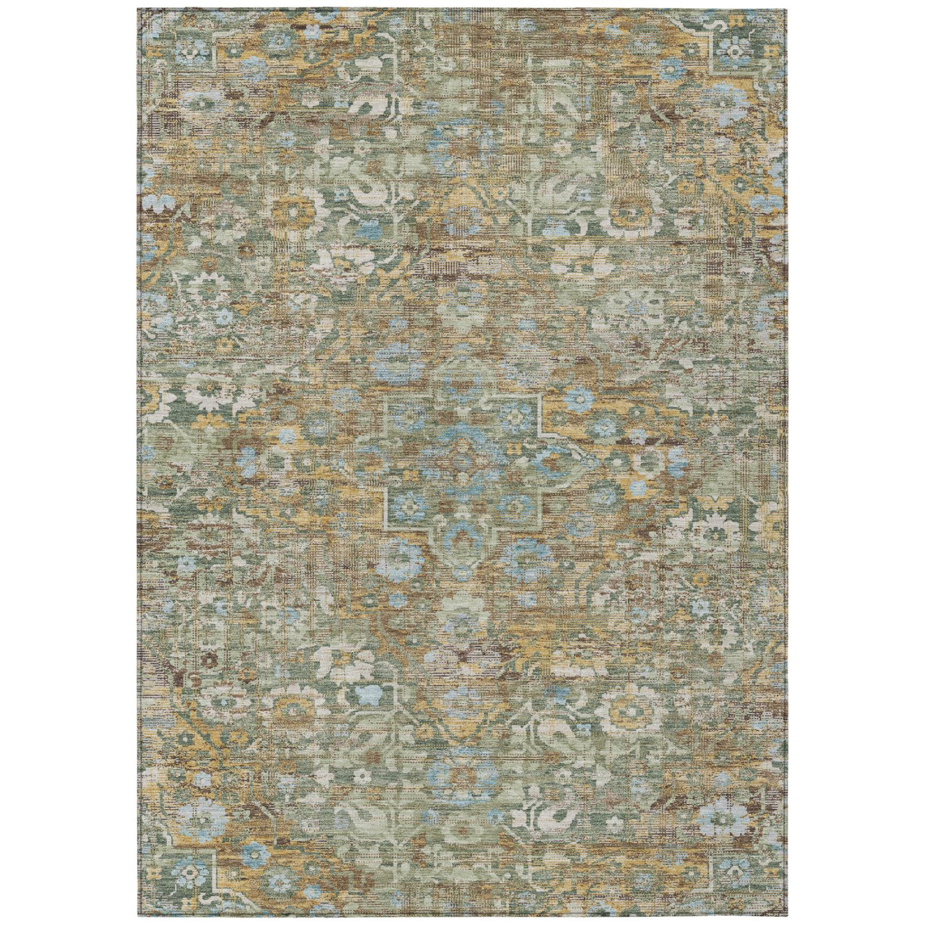 10' X 14' Green And Brown Floral Medallion Washable Indoor Outdoor Area Rug - Sports & Outdoor