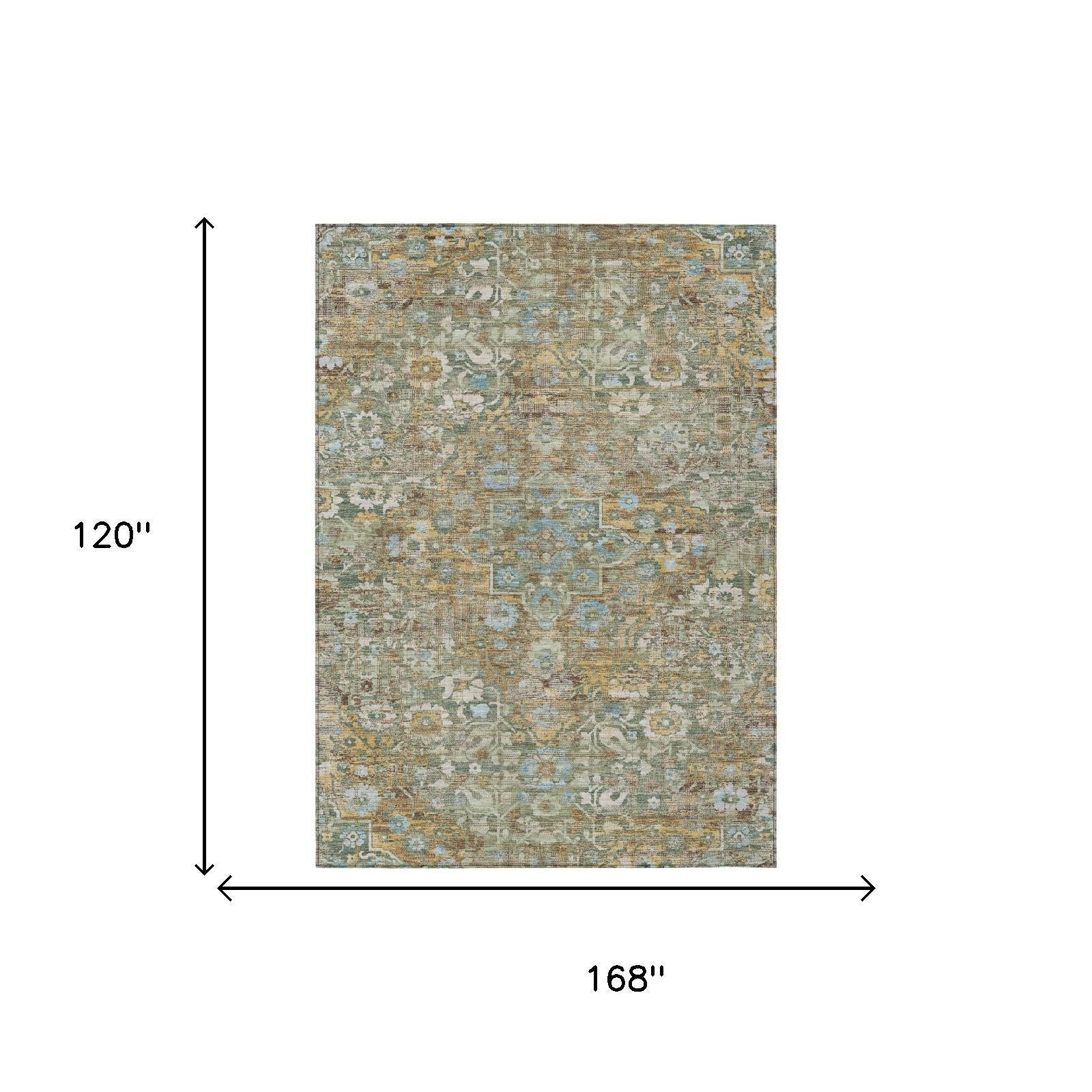 10' X 14' Green And Brown Floral Medallion Washable Indoor Outdoor Area Rug - Sports & Outdoor