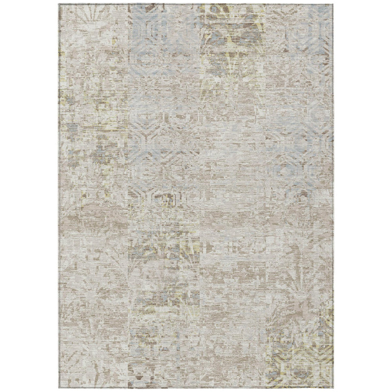 Flat-woven abstract area rug, ivory and silver-gray distressed pattern with subtle blue tones
