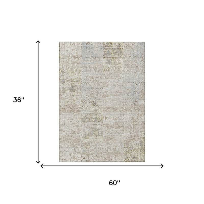 Area rug measuring 36 in x 60 in, ivory with silver-gray abstract distressed pattern