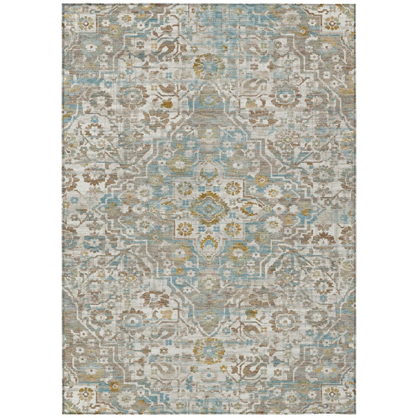 Ivory and pewter floral medallion area rug with blue accents and distressed pattern