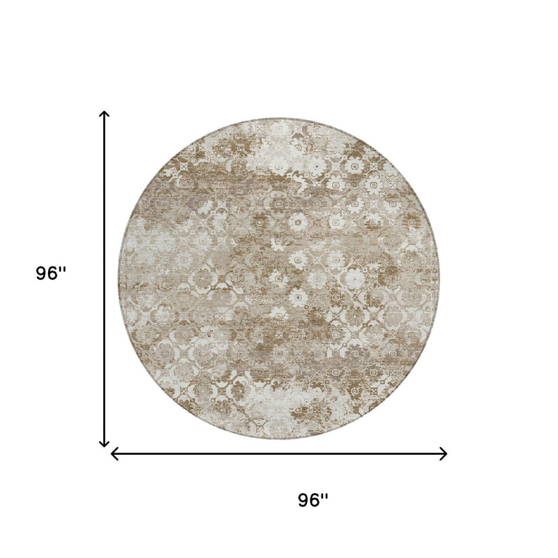 Round rug size diagram: 96 in by 96 in, beige floral medallion pattern