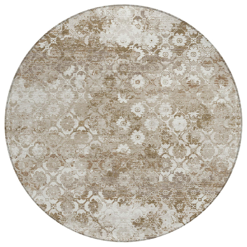Round rug with beige base and brown floral medallion pattern, textured look