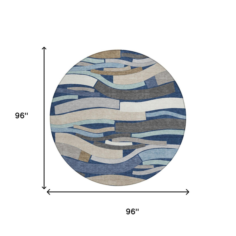 Round rug, 96 in diameter, geometric stripe pattern in blue and beige