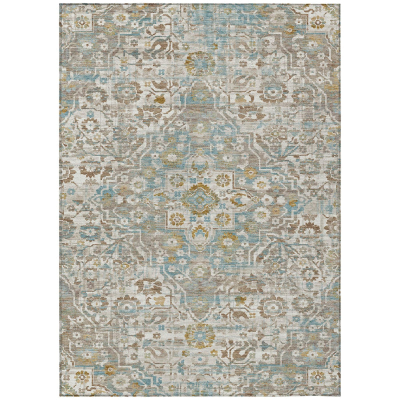 Rectangular ivory and pewter floral medallion area rug with blue distressed motifs
