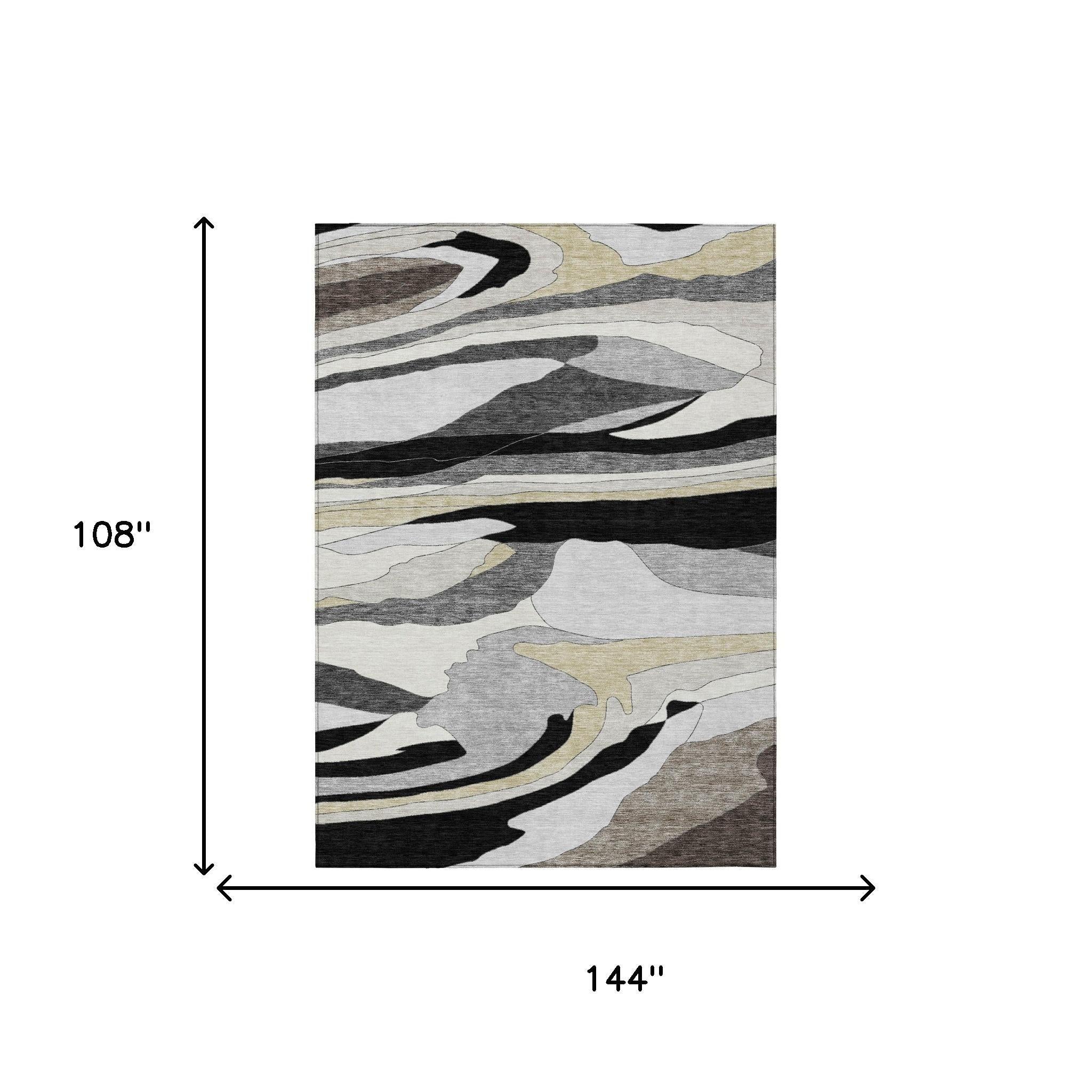 Abstract area rug, black and gray with light beige wave pattern, 9x12 ft