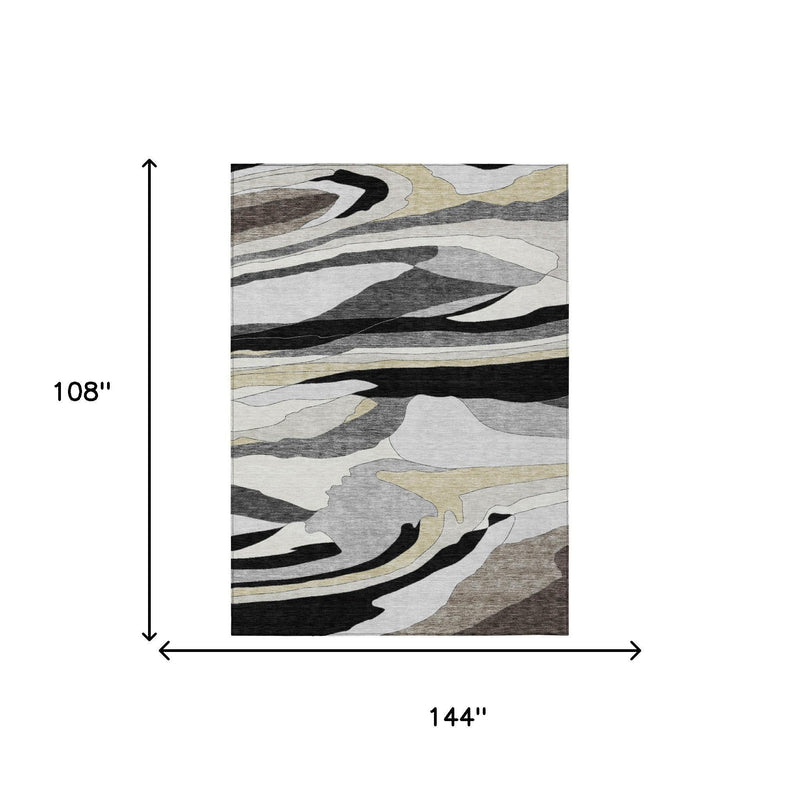 Abstract area rug, black and gray with light beige wave pattern, 9x12 ft