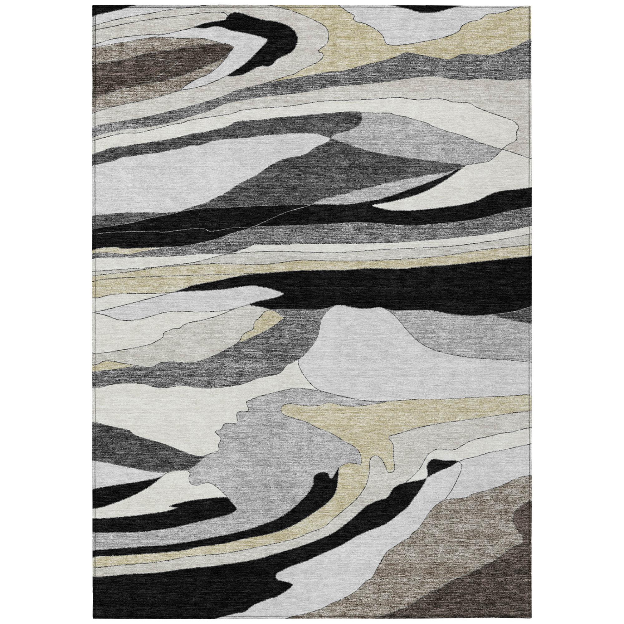 Abstract area rug, black, gray, and light beige camouflage-style wave pattern
