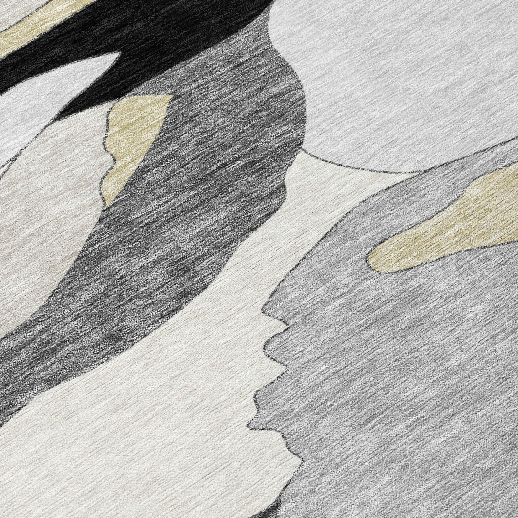 Abstract area rug texture detail, black and gray with light beige and muted yellow highlights
