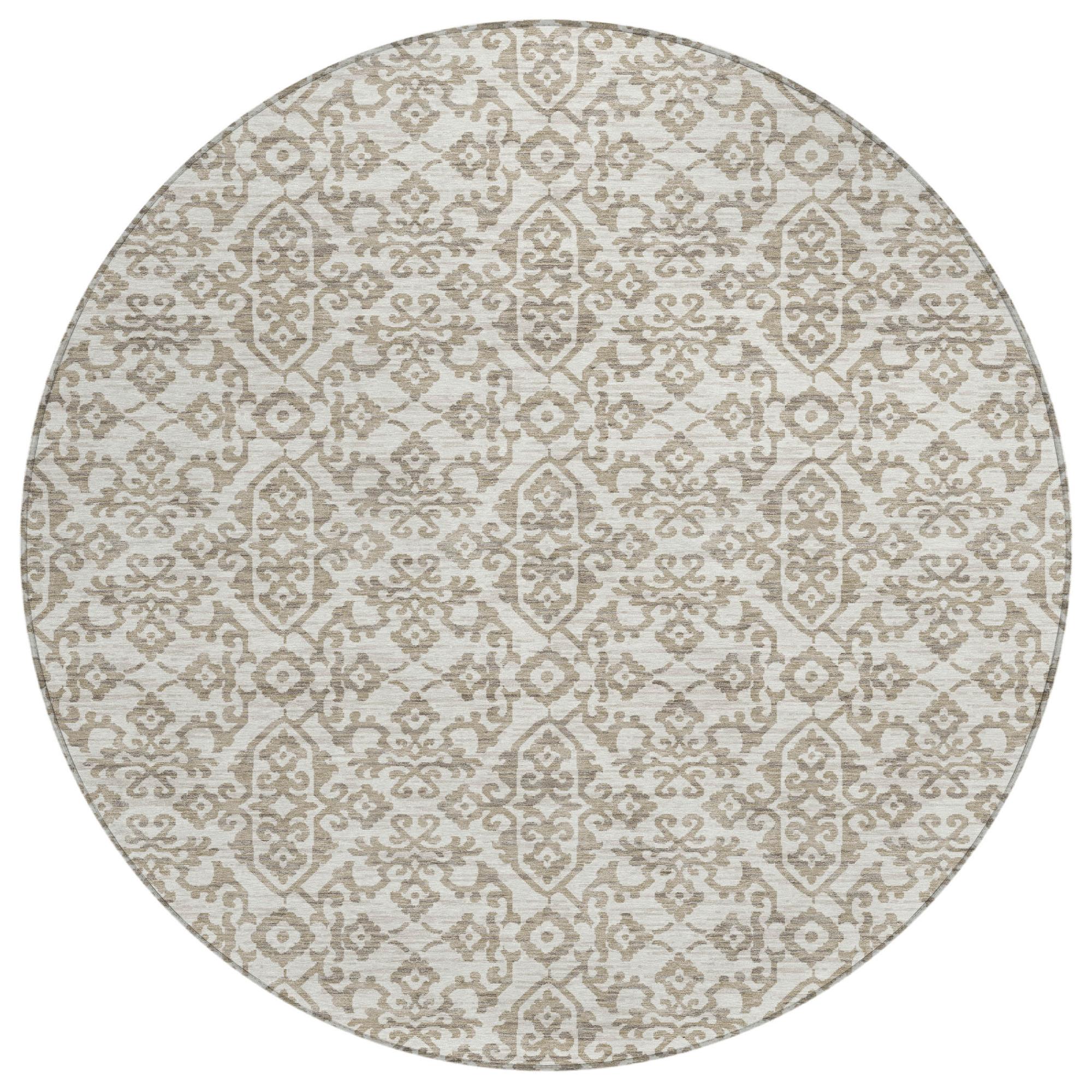 Round washable area rug with ivory-and-beige damask pattern, circular 8 ft