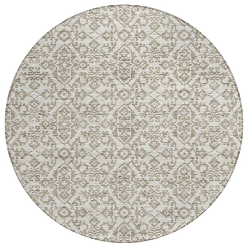 Round washable area rug with ivory-and-beige damask pattern, circular 8 ft