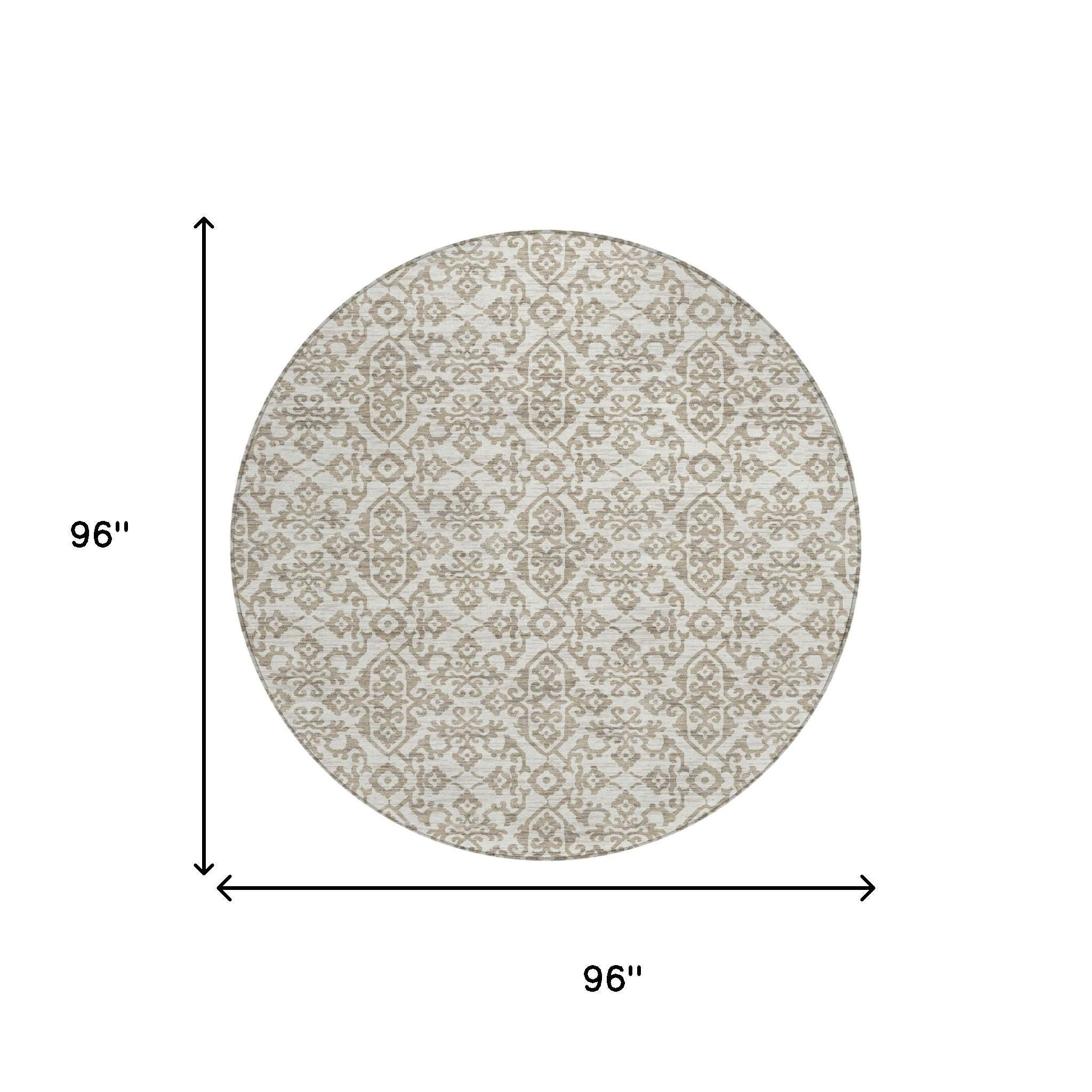Round area rug diagram, ivory-and-beige damask pattern, 96 in diameter