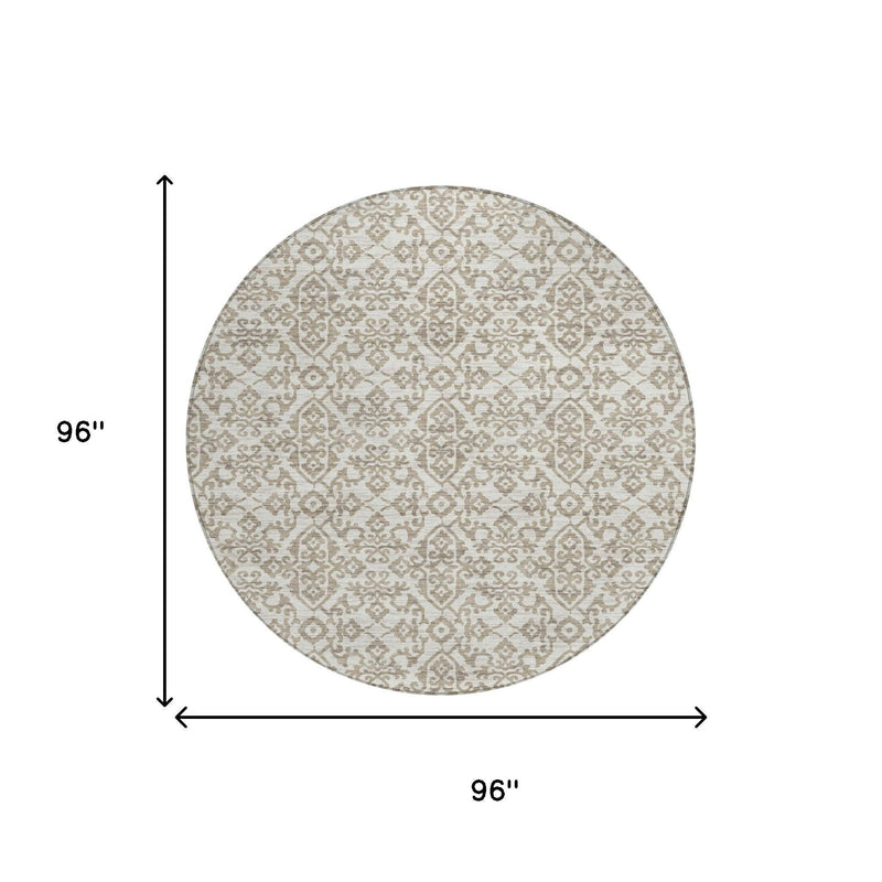 Round area rug diagram, ivory-and-beige damask pattern, 96 in diameter