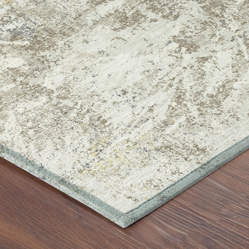 Ivory and silver abstract area rug corner detail, distressed texture and border