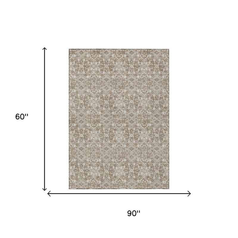 Beige and brown damask area rug, 90 x 60 in rectangle with distressed pattern