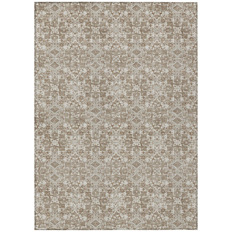 Beige and brown damask area rug with repeating ornate medallion pattern