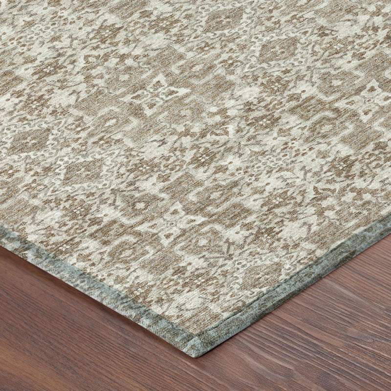 Beige and brown damask area rug with distressed ornate pattern, rectangular