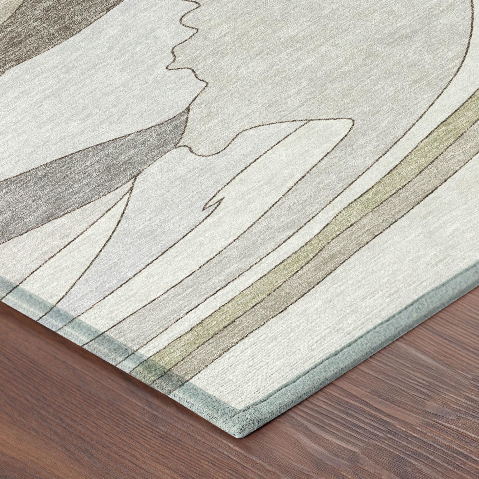 Ivory abstract washable area rug with beige, gray, and olive irregular waves