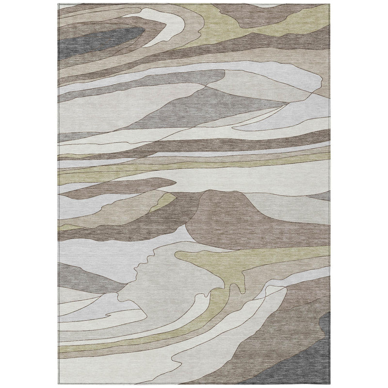 Abstract area rug with ivory base and gray, beige, and olive mottled shapes