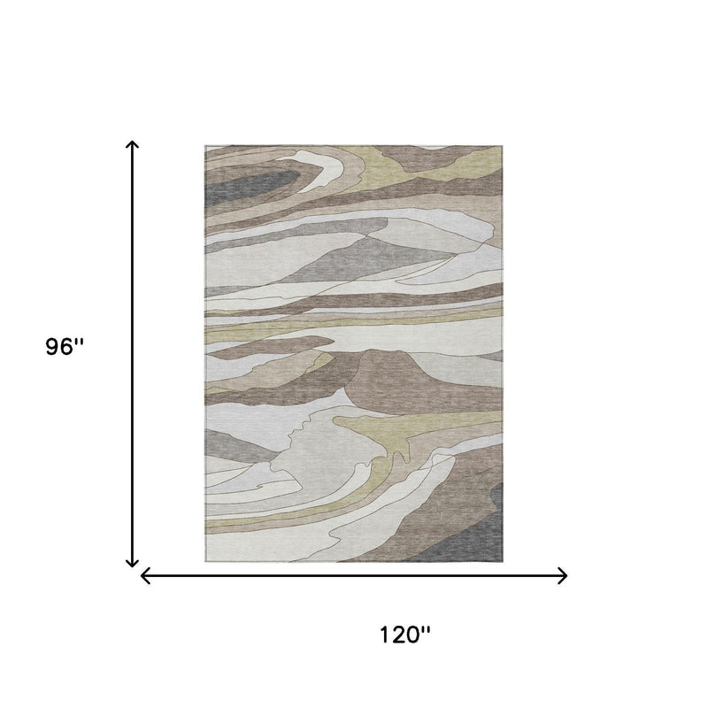 Abstract area rug size 120" x 96" with ivory, gray, and olive pattern