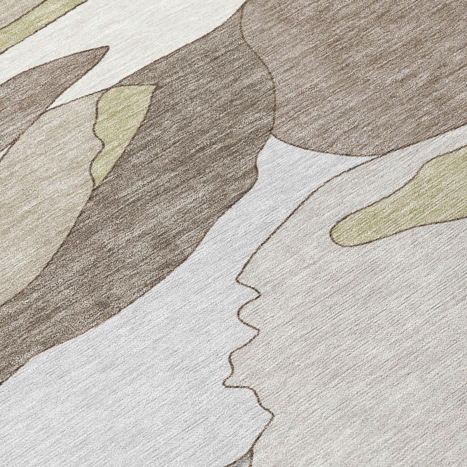 Abstract area rug close-up texture with ivory, gray, and olive pattern lines