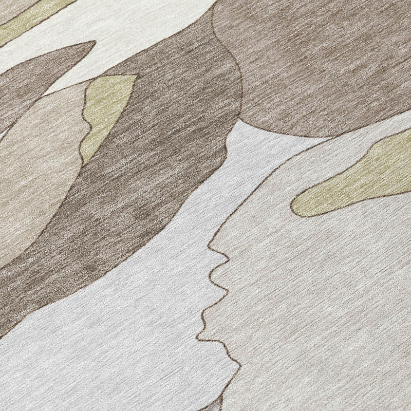 Abstract area rug close-up texture with ivory, gray, and olive pattern lines