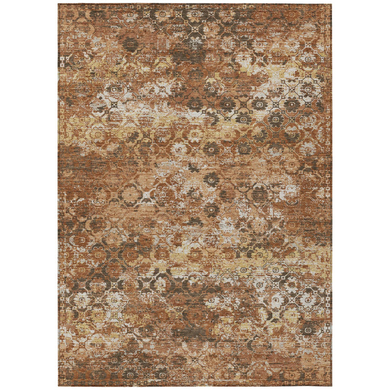 Vintage-style medallion area rug in rust, orange, and cream with dark motifs