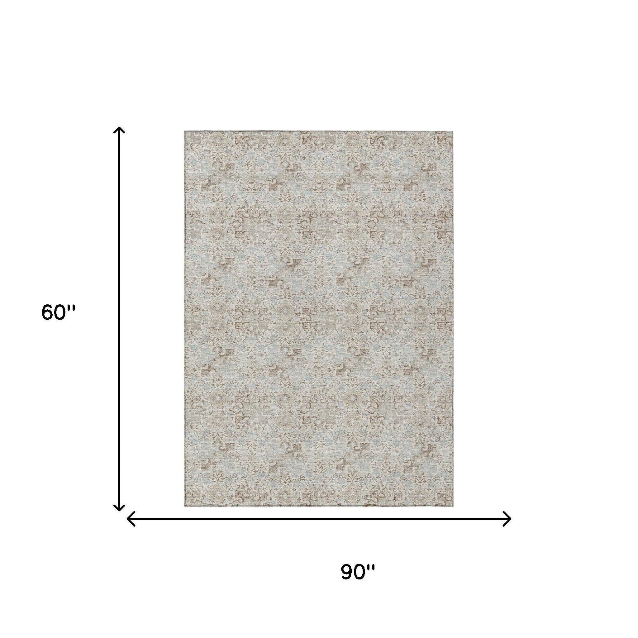 5' X 8' Ivory And Silver Damask Washable Indoor Outdoor Area Rug - Sports & Outdoor