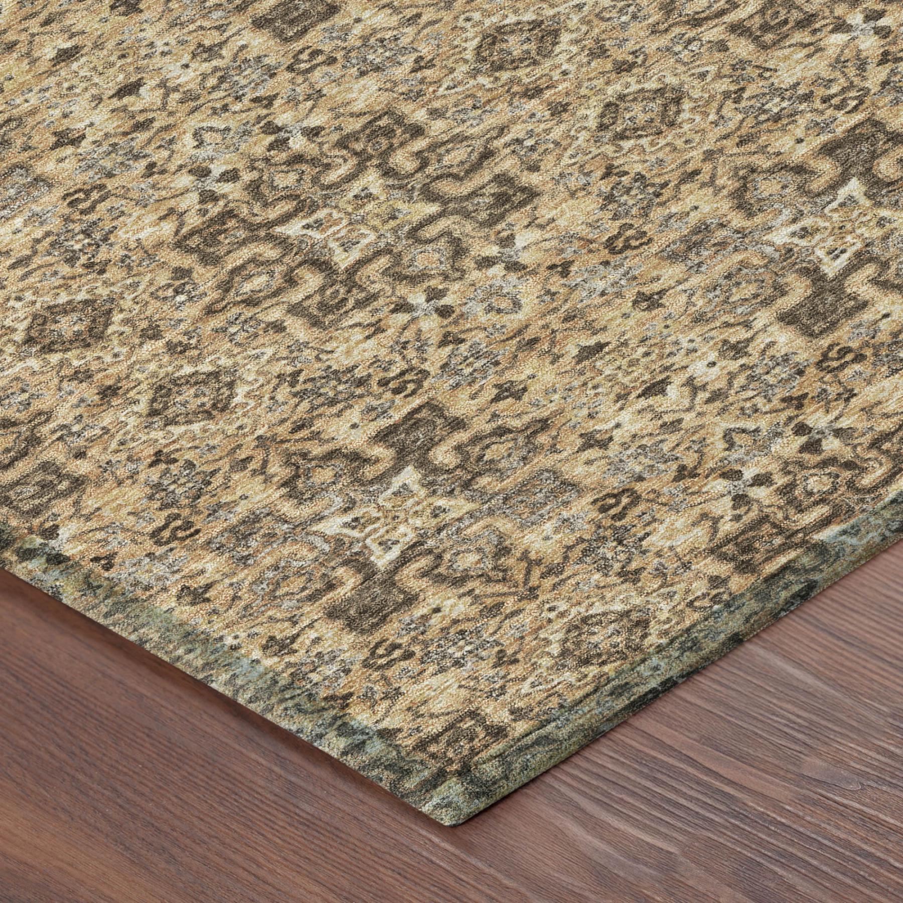 Copper and orange damask patterned area rug with beige base and textured look