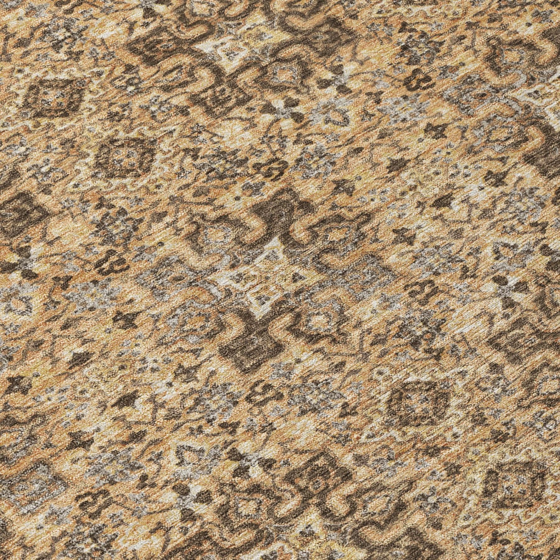 Beige and copper damask area rug with intricate swirling ornate pattern detail