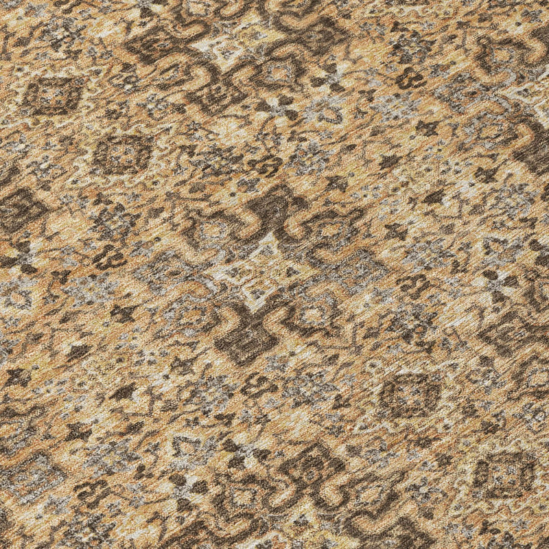 Beige and copper damask area rug with intricate swirling ornate pattern detail