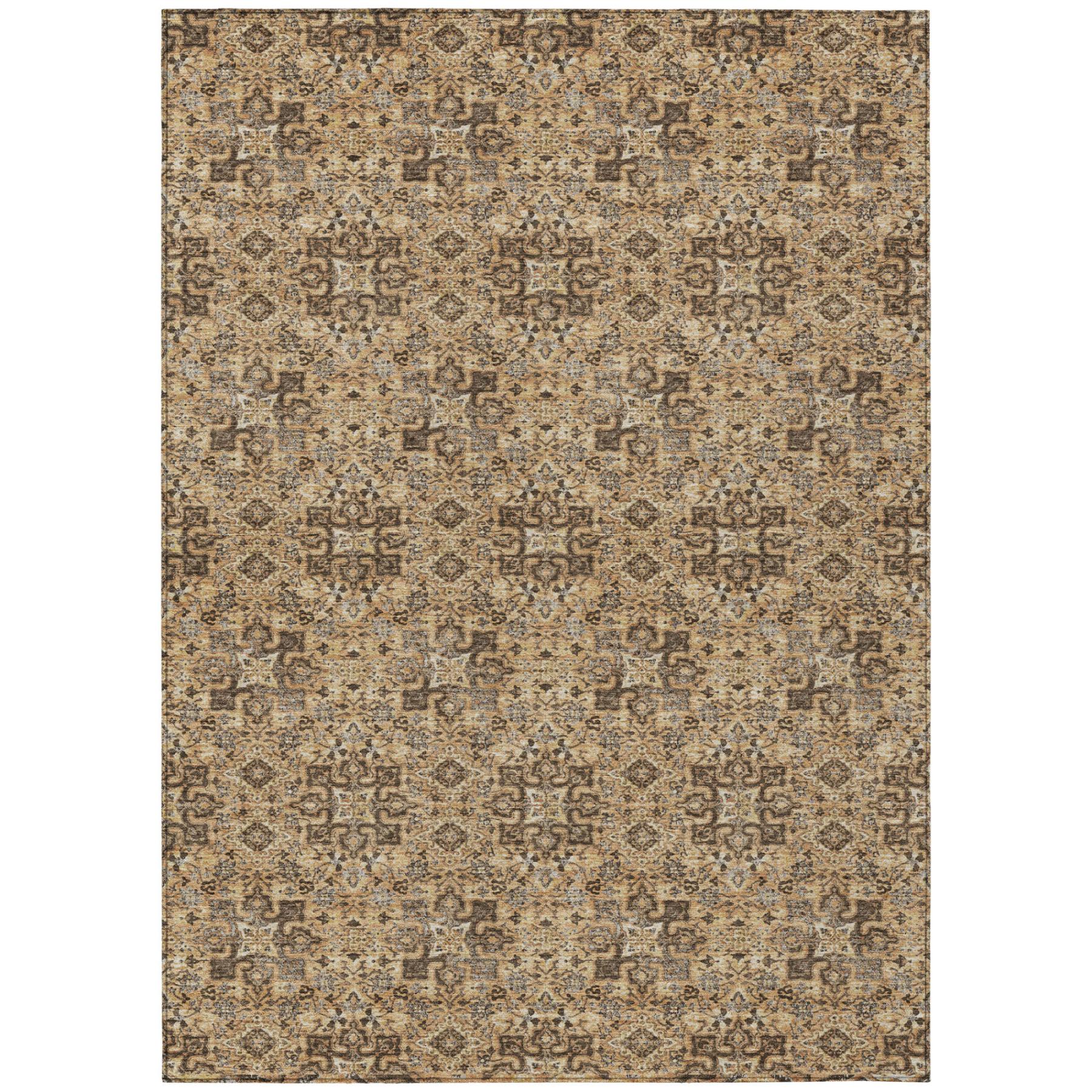 Copper and orange damask area rug with beige field and ornate repeating motif