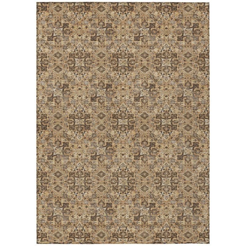 Copper and orange damask area rug with beige field and ornate repeating motif
