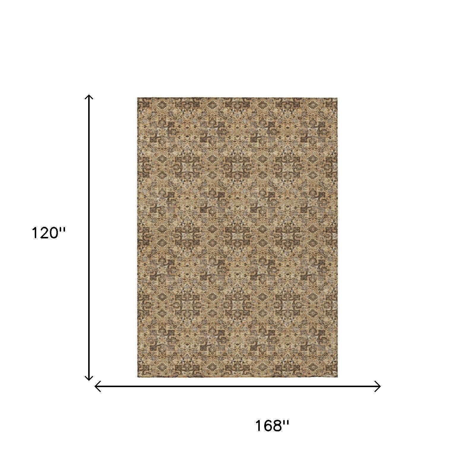 Damask area rug, 168 in by 120 in (10 x 14 ft), copper and orange pattern