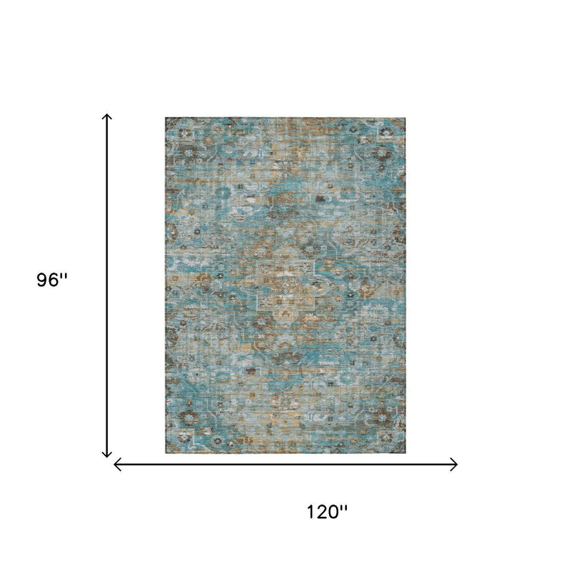 Teal blue and pewter floral medallion area rug size shown: 96 in by 120 in