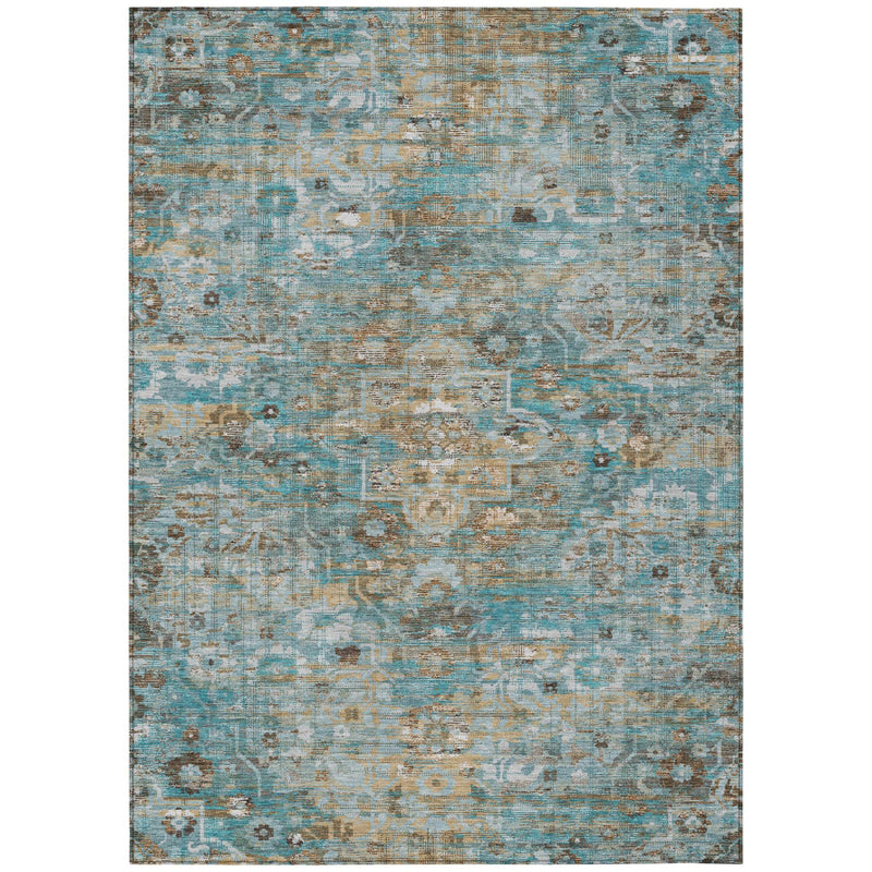 Teal blue and pewter floral medallion washable indoor outdoor area rug, full view